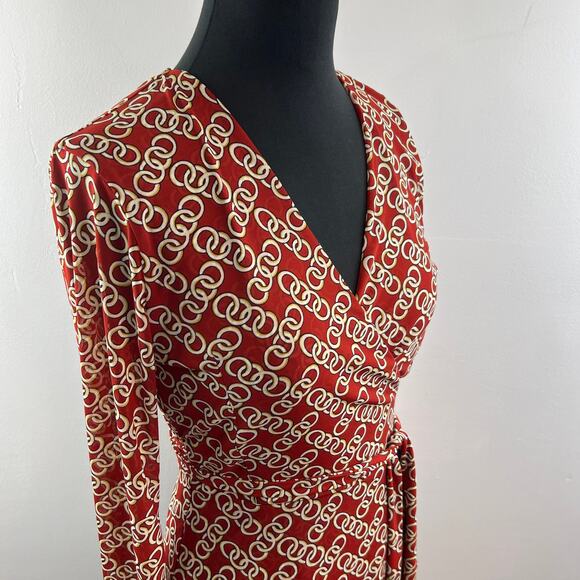 CABI Red White Top Stretch Signet Chain Ringleader Wrap Tie Plunge Neck Size XS - Picture 6 of 12